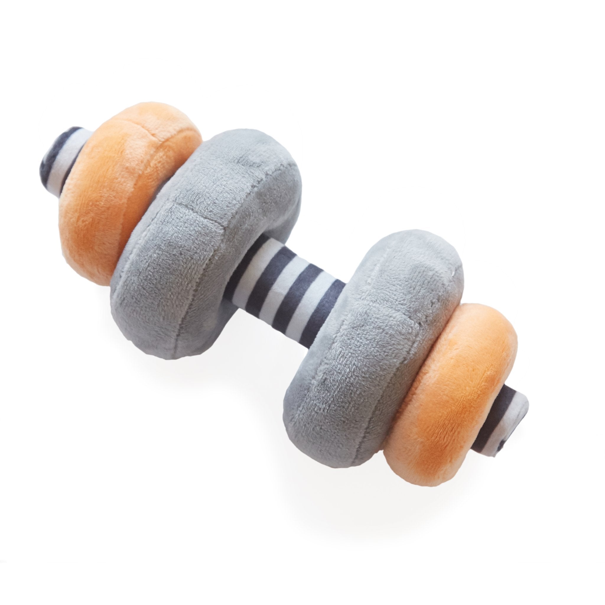 Single Little Lifter plush barbell with orange and gray removable weights on a striped handle