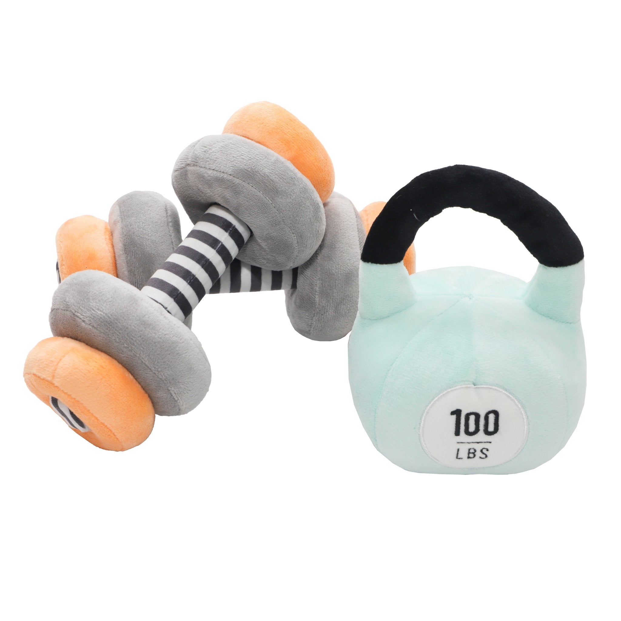 Little Lifter Plush Weights set with two orange and gray plush barbells and a mint kettlebell marked 100 lbs