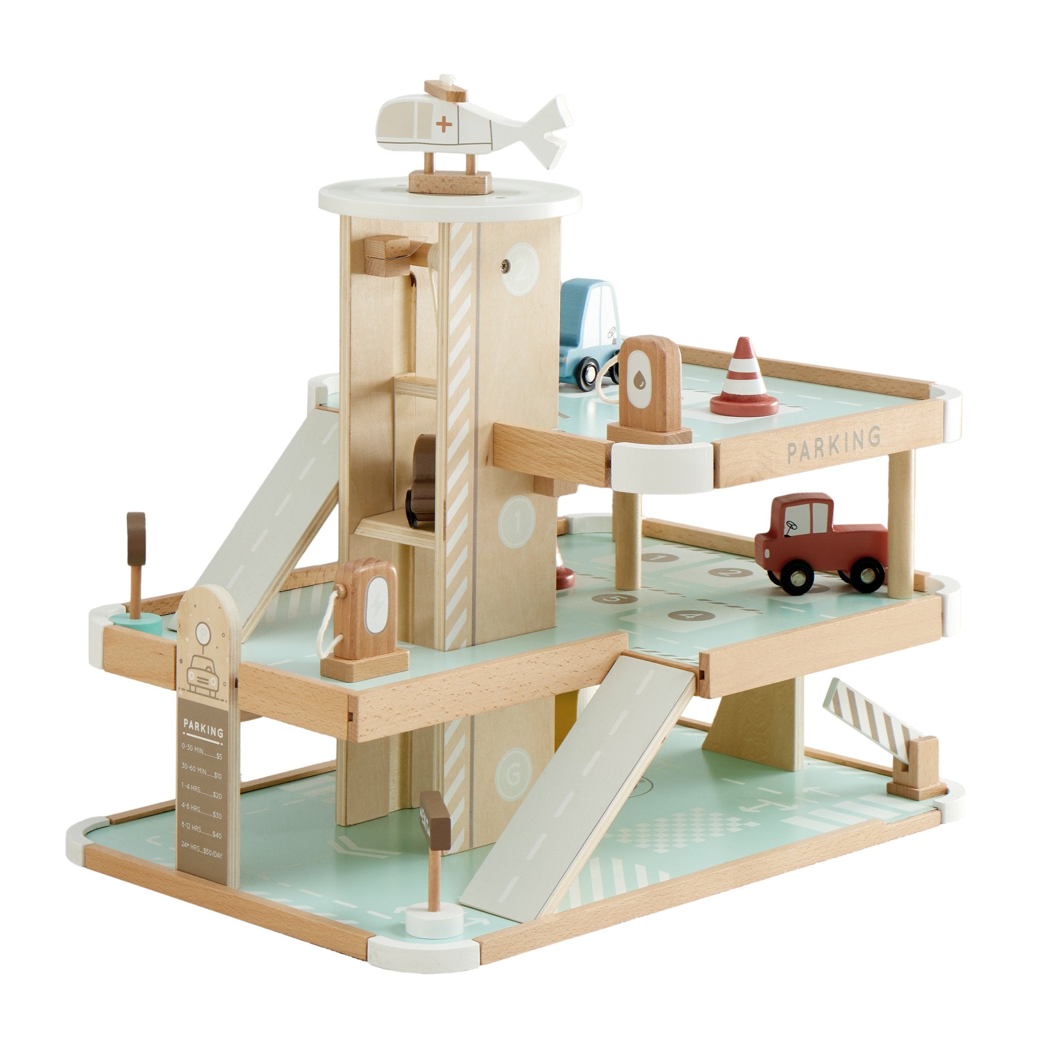 Little Tot Parking Lot three-level wooden garage with ramps, elevator, helipad, cars and cones