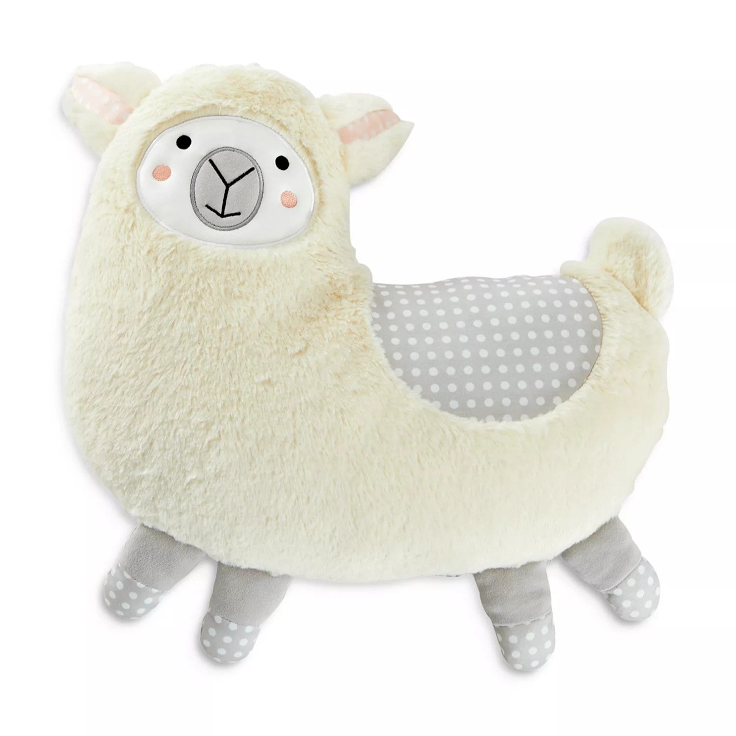 Cute cream colored llama stuffed animal with clock face and polka dot belly panel