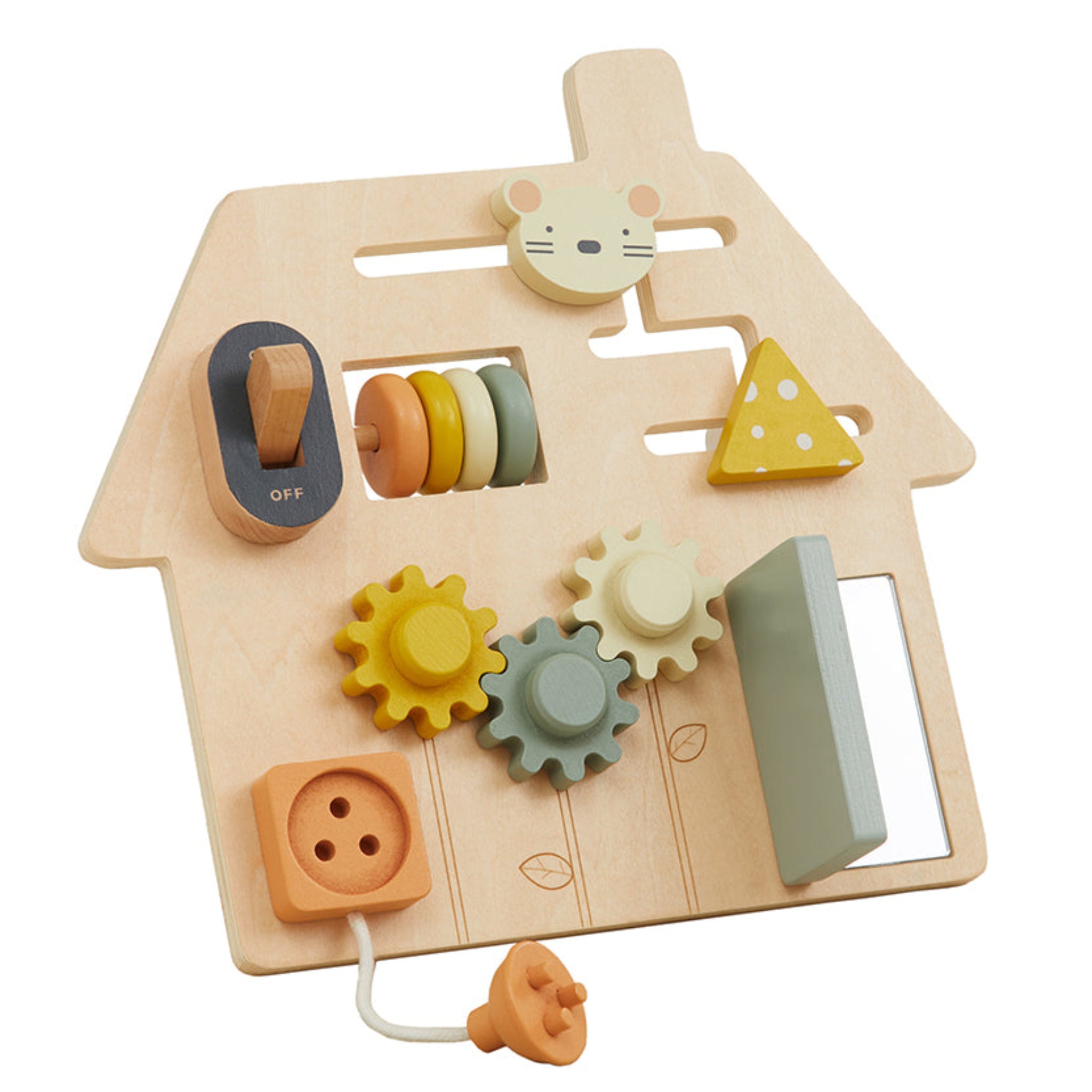 Wooden house-shaped travel busy board with gears, switch, and shapes