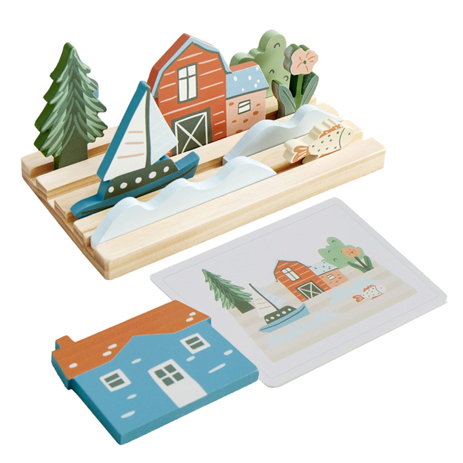 My Town Picture Matching Game wooden base holding a pine tree, sailboat, barn and fish, with a matching picture card
