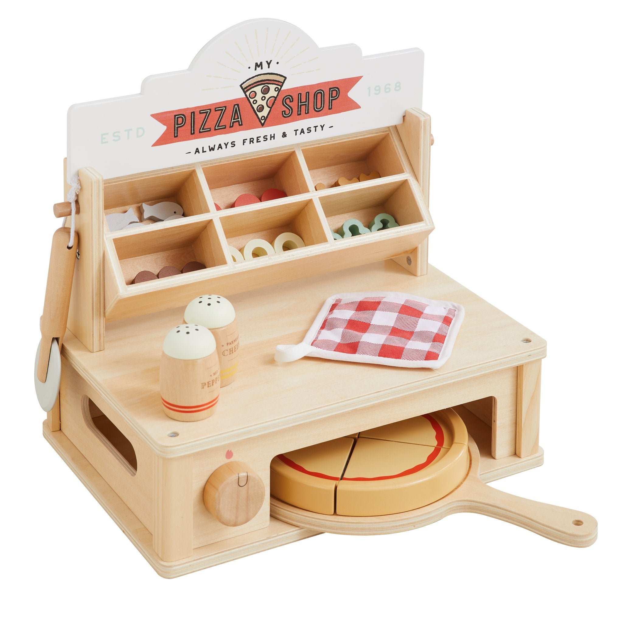 My Pizza Oven wooden play set with topping shelf, shakers, checkered potholder, sliced pizza and peel