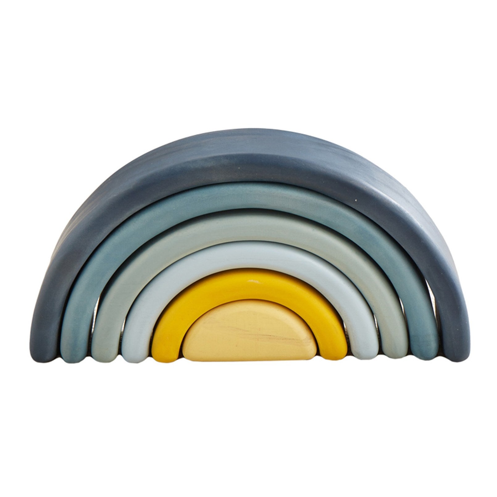 Simply Semicircles wooden rainbow stacker nested in navy, slate, sage, pale blue, yellow and natural wood