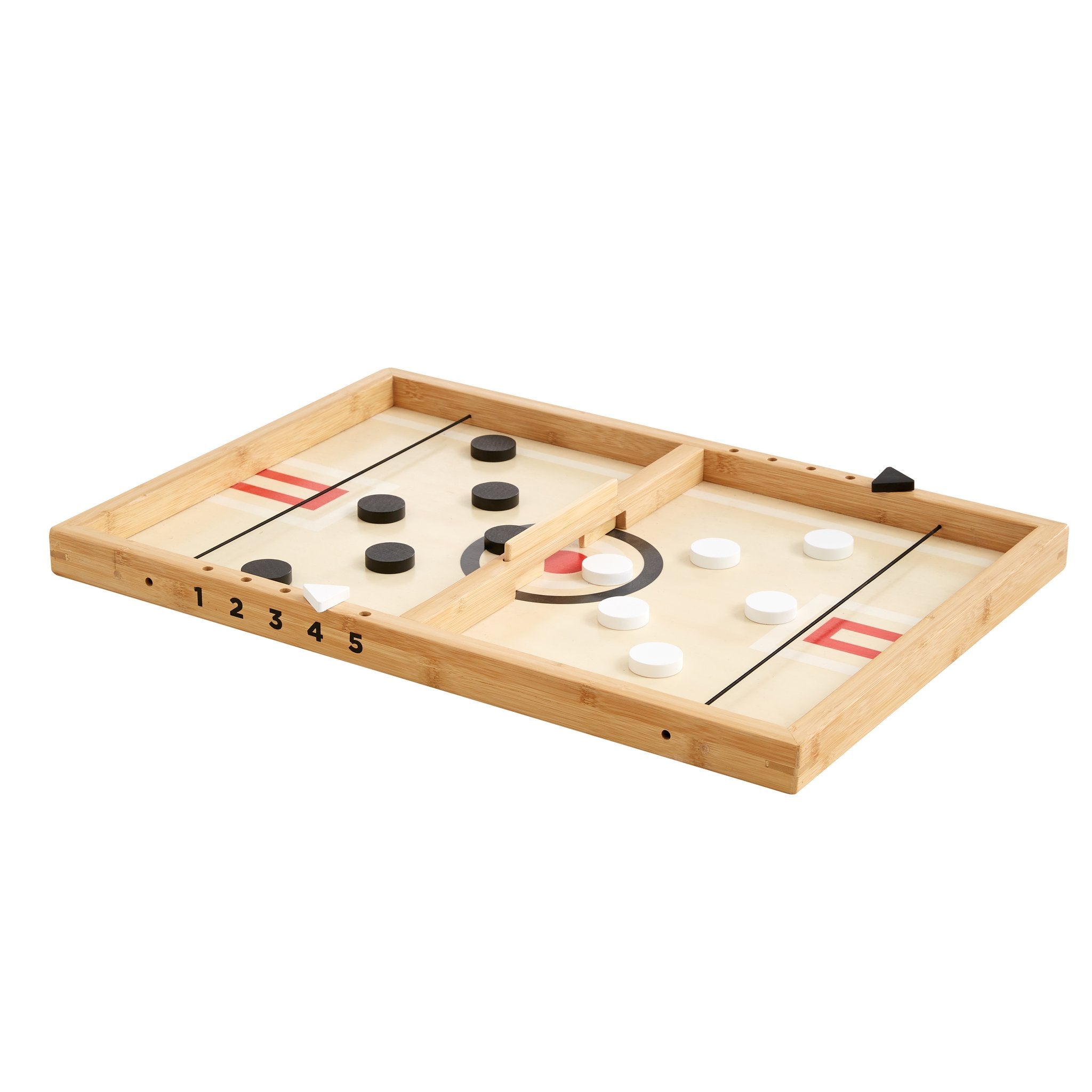 Sling-a-Ling Hockey Game wooden board with black and white pucks, red goal markings and a numbered scorekeeper