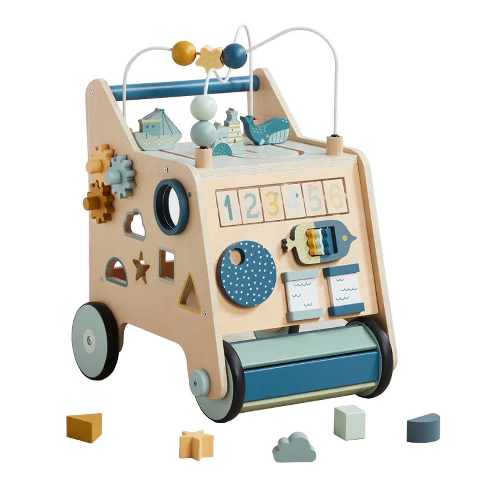 Busy Busy Activity Walker in natural wood and blue with bead maze, number tiles, gears and shape sorter