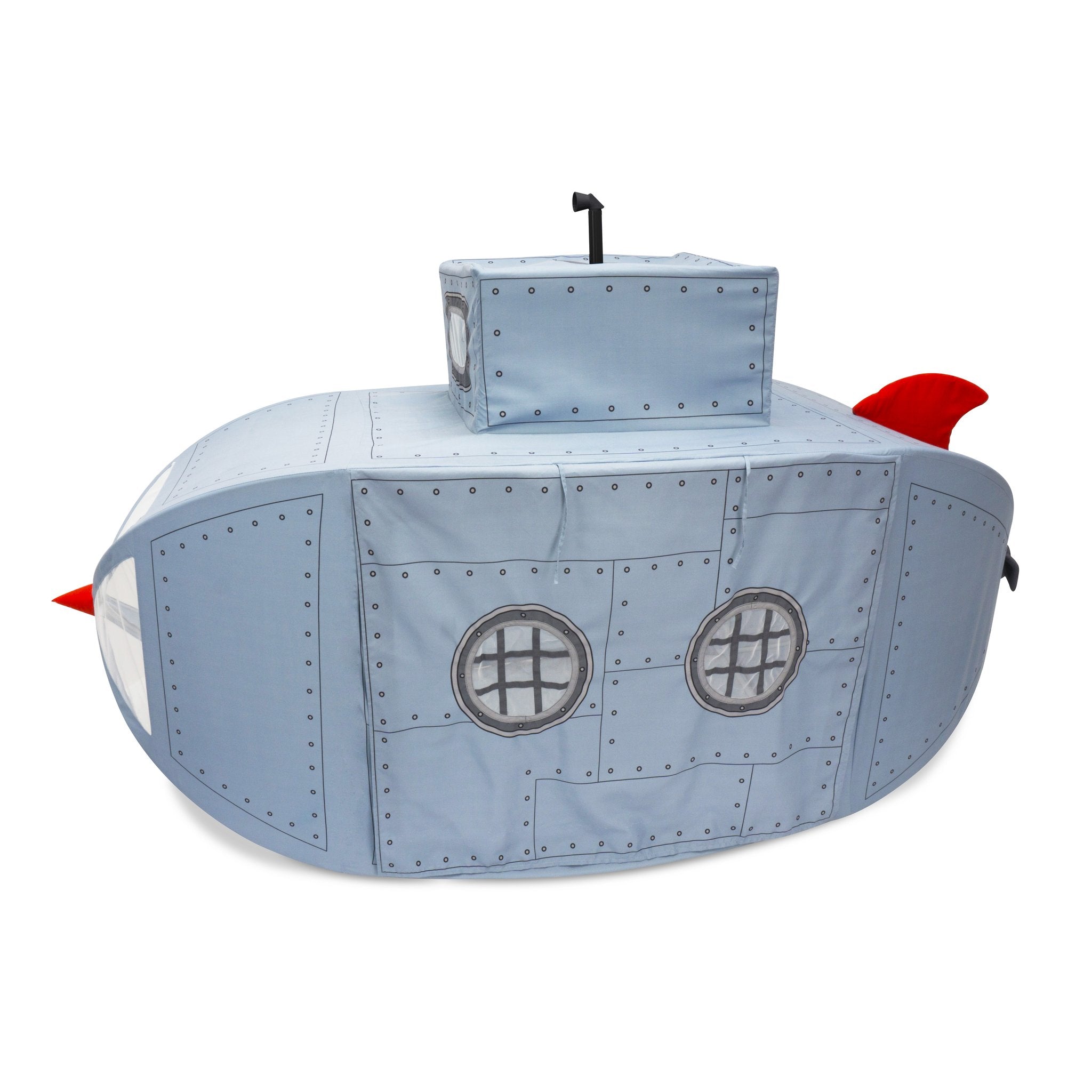 Blue canvas Submarine Playhome with riveted print, two round mesh portholes, a periscope tower and red fins