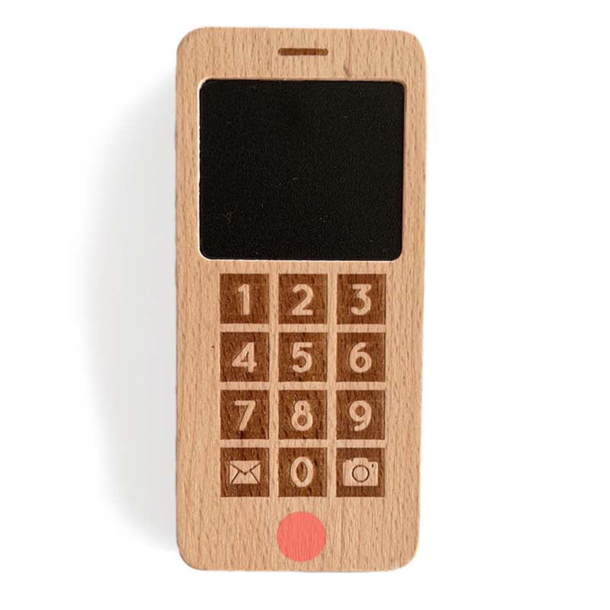 Wooden play phone for kids with numbered keypad and screen display