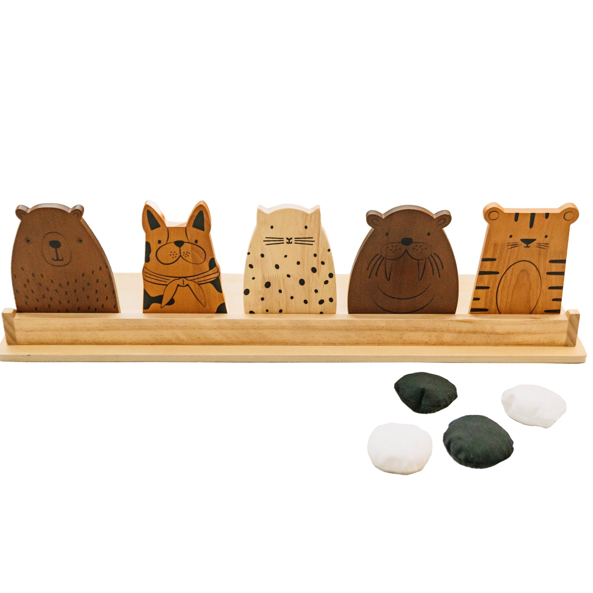 Zoo Crew Bean Bag Toss with five wooden animal targets on a natural wood stand and four cotton bean bags